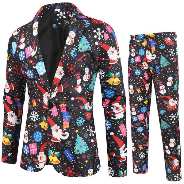 

men's suit autumn and winter new casual suit christmas 3d printed 2-piece (jacket + pants) men's fashion slim, White;black