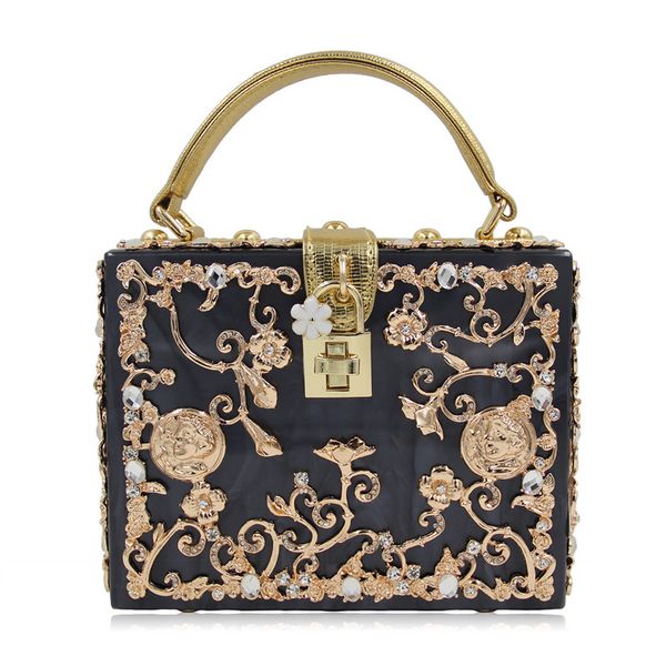 

luxury box shape tote women handbag brand acrylic relief black evening clutch bag ladies prom party purse shoulder bag