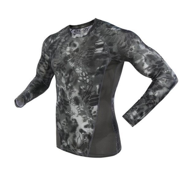 

outdoor camouflage elastic tight fast dry breathable t shirt men tactical train skinny o neck long sleeve underwear t-shirt, Gray;blue