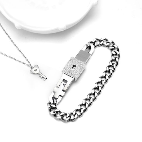 

a couple lovers jewelry love heart lock bracelet stainless steel bracelets bangles key pendant necklace jewelry dropshipping, Silver