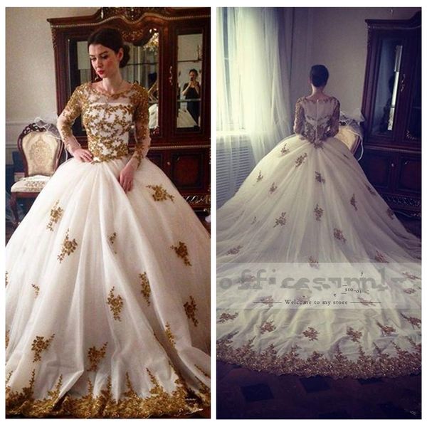 

2019 modest sheer long sleeves gold lace appliques a-line wedding dresses chapel train long bridal gowns custom vestidos de marriage formal, White
