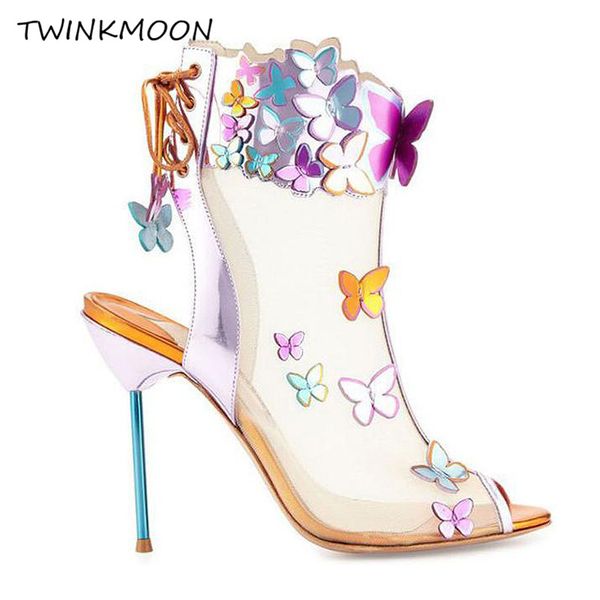 

butterfly gladiator sandals ankle boots high heels shoes women lace up metal heel 3d wings mesh mirror peep toe booties, Black