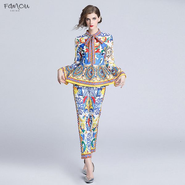 

High Quality Fashion Bow Runway Suit Sets Autumn Womens Long Sleeve Designer Collar Long Sleeve Tops Long Pants 2 Piece Set Women