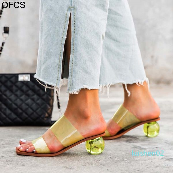 

transparent crystal round ball heel slippers square toe women sandals leopard grain jelly sandals summer clear pvc women shoes l02, Black