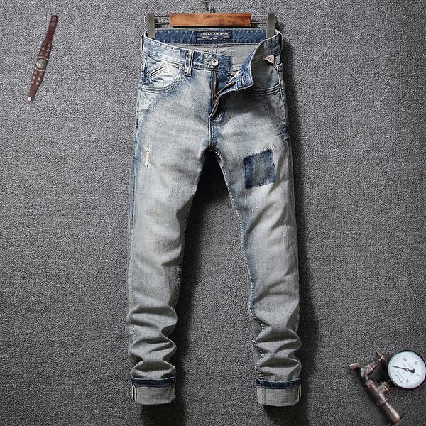 

fashion classical men jeans retro wash slim fit ripped jeans men italian style vintage denim pants streetwear hip hop, Blue