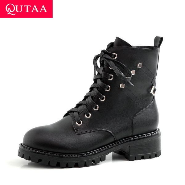 

qutaa 2020 genuine leather fashion rivet zipper lace up ankle boots square heel antiskid autumn winter women shoes size 34-39, Black