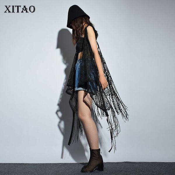 

xitao] 2018 summer korea fashion new women v-neck sleeveless vests female mesh asymmetrical solid color casual vests xww2841, Black;white