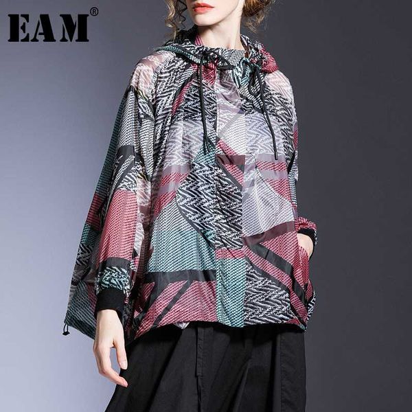 

eam] loose fit red pattern printed big size thin jacket new hooded long sleeve women coat fashion tide spring summer 2020 1t726, Black;brown