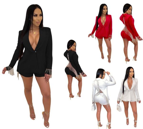 

business women two pcs outfit office outwear suit tassels + shorts and fashion long sleeve suit, White