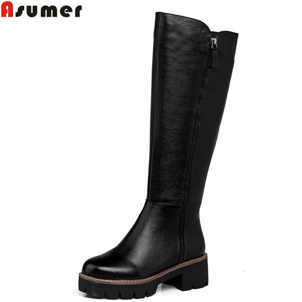 

asumer plus size 34-43 new fashion pu+genuine leather boots round toe platform boots womens autumn winter knee high shoes, Black