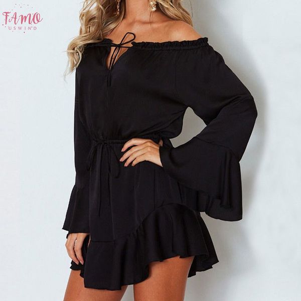 

stylish bar women deep slash neck off shoulder dress ladies long sleeve solid flare dresses 2020 high waist dress h24, Black;gray