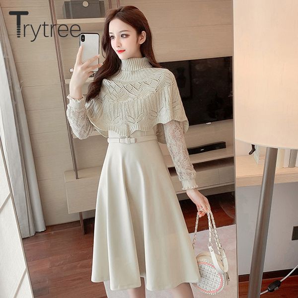 

casual dresses trytree autumn winter women dress turtleneck shawl lace patchwork button belt 2 colour a-line fashion knee-length, Black;gray