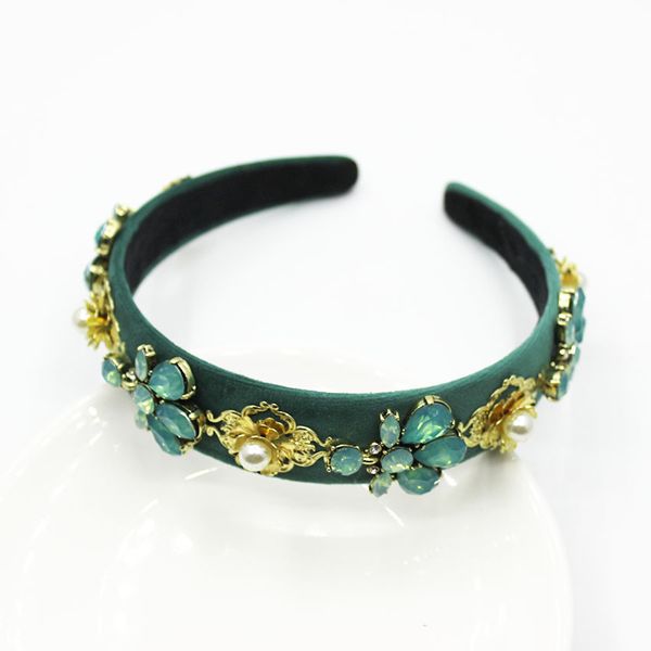 

charm velvet green crystal baroque headband queen crown tiara metal headwear women wedding hair jewelry fashion christmas gift, Golden;white