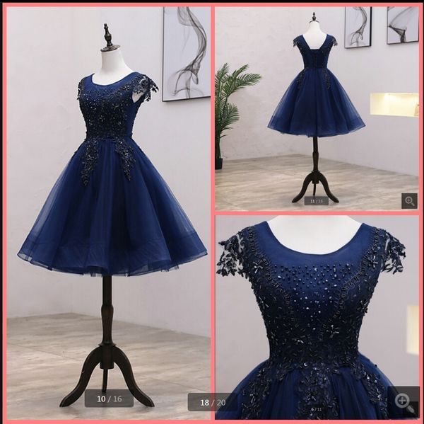 

vestido de festa navy blue a line short prom dresses cap sleeve lace appliques beaded crystals informal petite girls prom gowns sale, Black