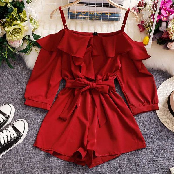 

2020 new careful machine off-the-shoulder jumpsuit women's super fairy ruffle off-the-shoulder strap wide-leg shorts, Black;white