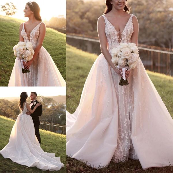 

amazing mermaid beaded lace wedding dresses sheer deep v neck appliqued backless bridal gowns with detachable train robes de mariÃ©e, White