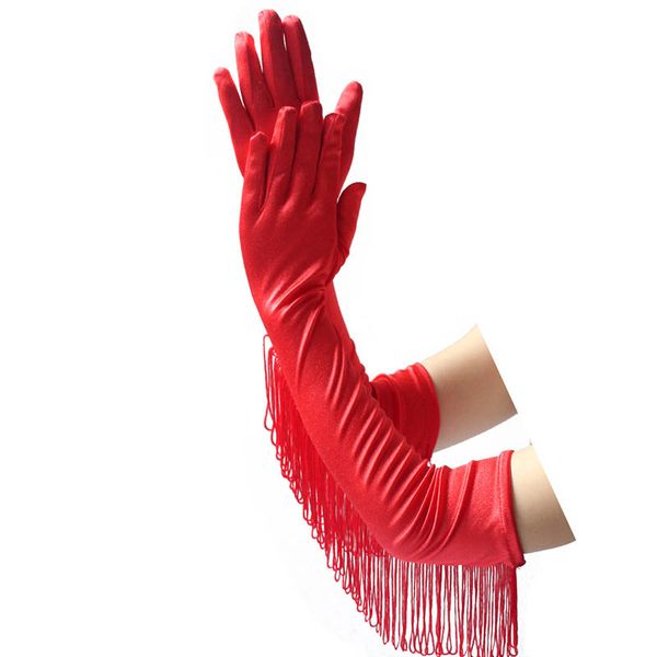 

fashion black white red tassels long satin gloves women opera evening party costume gloves dance performance mittens, Blue;gray