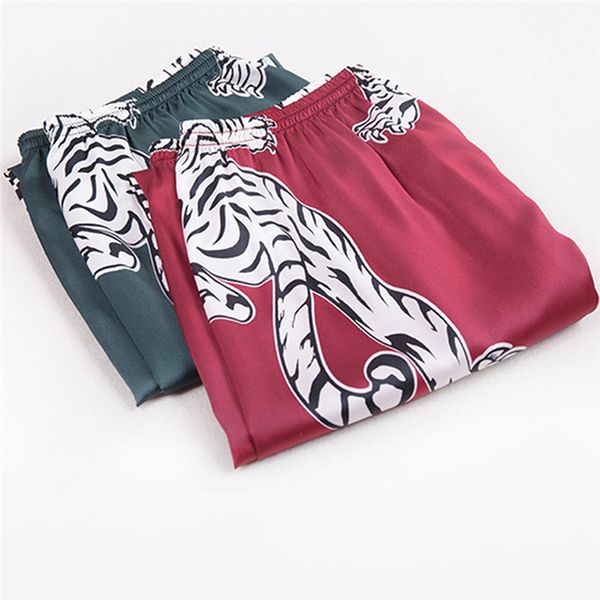 

schlafanzughose men sleep bottoms simulation tiger printing silk lingerie men animal print long sleep pants pajamas for men, Black;brown