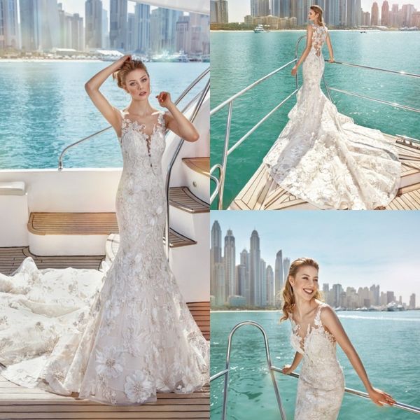 

2019 русалка eddy k свадебные платья sheer декольте кружева аппликация развертки поезд boho свадебное платье пользовательские плюс размер пл, White