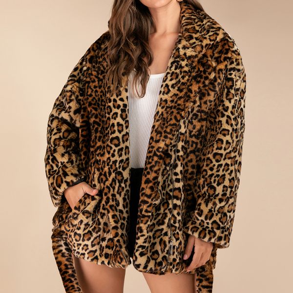 

thickening warm winter faux fur coat women elegant leopard print zipper fur jacket coat pocket streetwear female clothing xxxl, Black