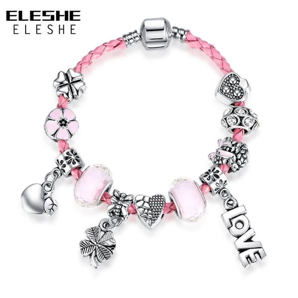 

eleshe pink glass leather bracelets for women silver color clover love heart charm bracelets jewelry pulseras clearance sale, Golden;silver