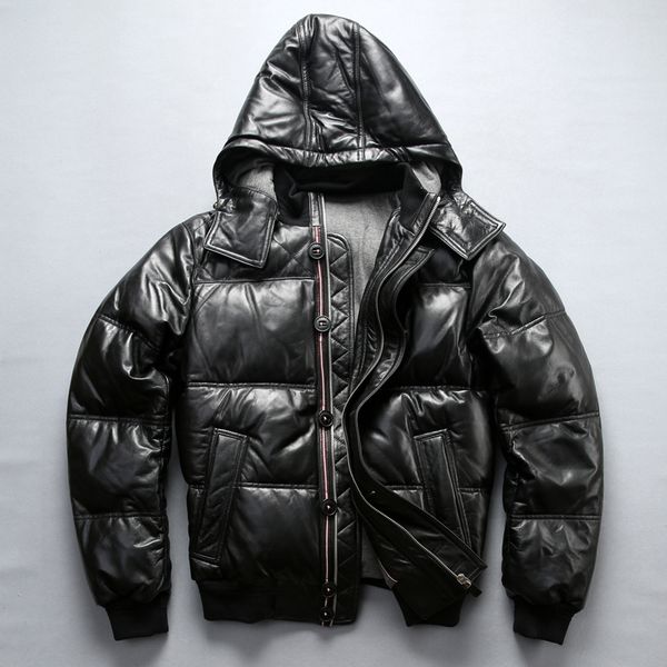 

new mens genuine leather winter detachable hooded thick coat sheepskin down jacket male, Black