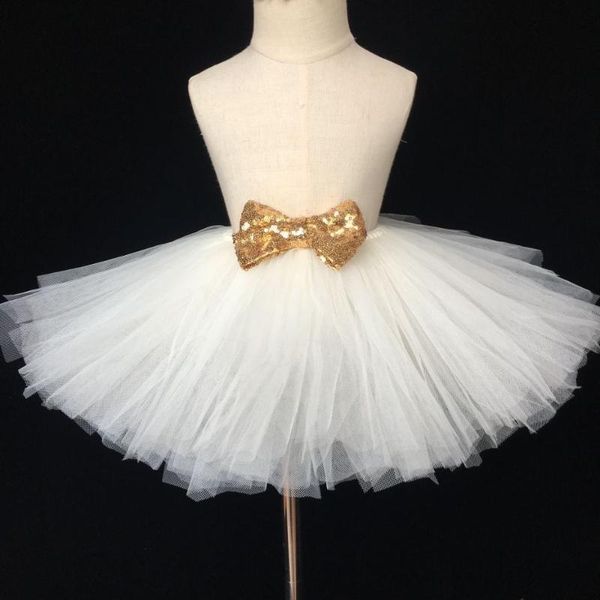

new baby ivory tutu skirt girls fluffy tulle pettiskirts ballet dance tutus with gold sequin bow kids birthday party skirts 1pcs