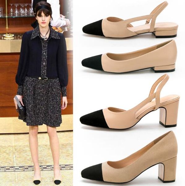 

designer women brand dress shoes suede chunky heel slip-on mixed color square toes shallow mouth party wedding shoes, Black