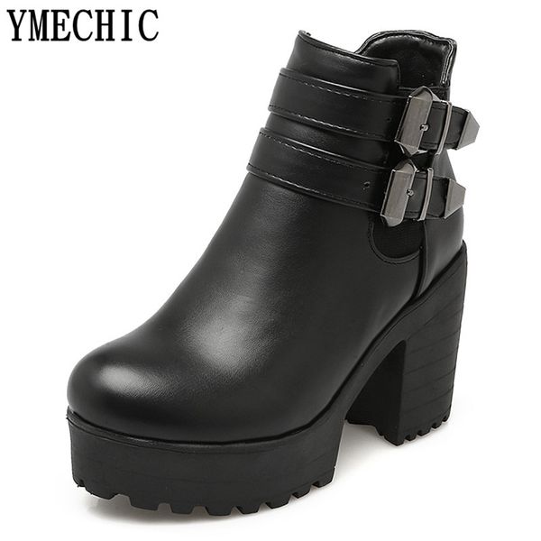 

lady's buckles thick heel ankle platform boots female black white plus size punk hih heel short ankle boots shoes woman