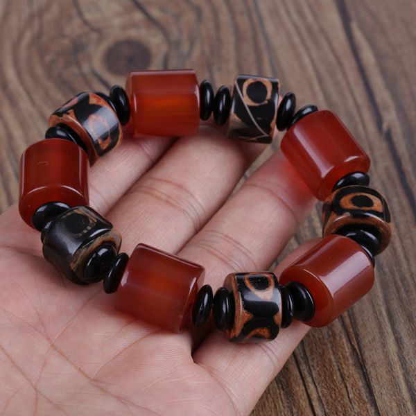 

big cylinder natural dark red brown black onyx semi precious stone bead tibetan buddhism beads energy bracelet for man, Golden;silver