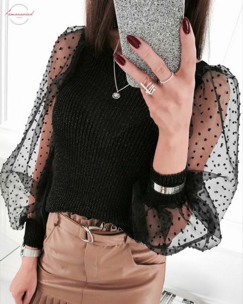 

fashion women ruffled long mesh puff sleeve solid color knitted v neck casual club t shirt autumn outfits, White