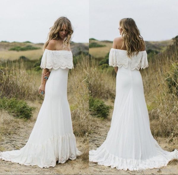 Abiti da sposa sexy stile country Boho con spalle scoperte Chiffon di pizzo bianco Sweep Train Bohemian Plus Size Abiti da sposa Abiti da sposa