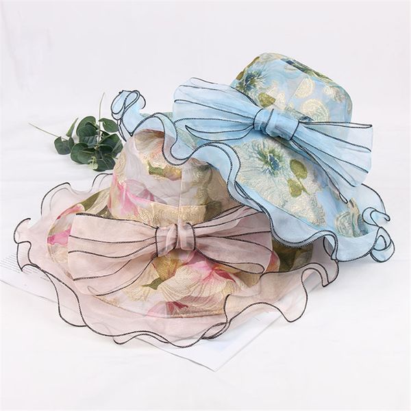 

women's summer beach sun hat chiffon foldable flower windproof t womens summer caps wide brim high fashion hats floral, Blue;gray
