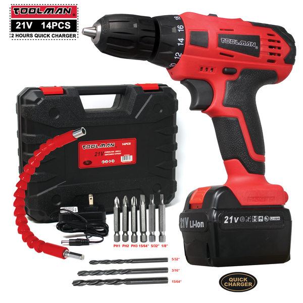 

21v cordless electric drill 2 speed torque led kit set + li-ion battery + tool box