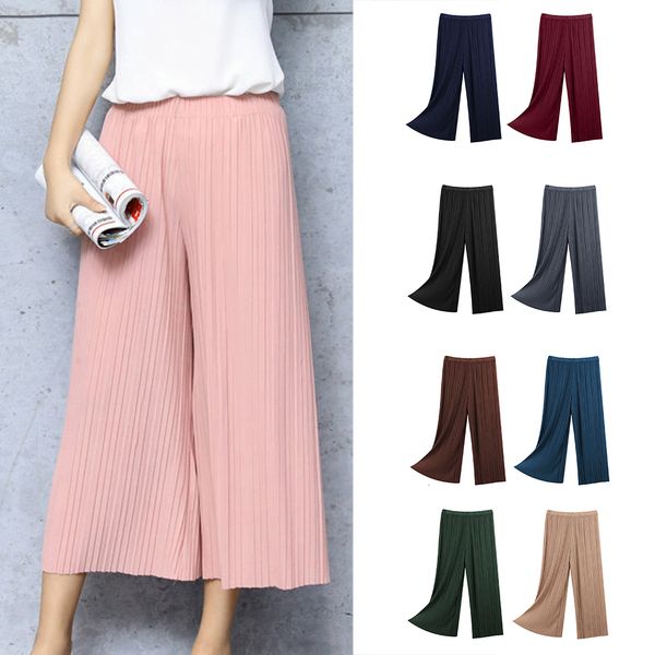 

ladies pants new summer fashion women ladies pleated wide leg pants loose mid solid chiffon trousers stretch waist boho pants ol pantalon, Black;white