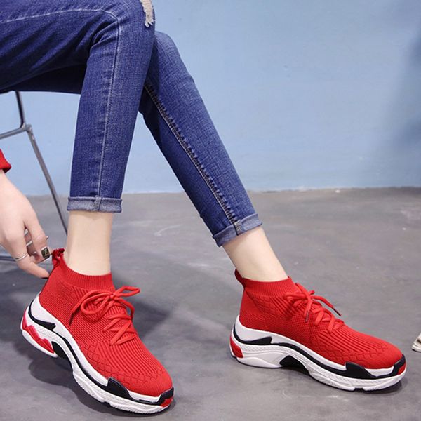 

shoes woman stretch women breathable platform lace-up casual thick bottom socks sneakers women shoes boots chaussures femme 2019, Black