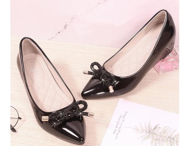 

women's shoes in spring and autumn slope heel pointed end bowknot #55, Black