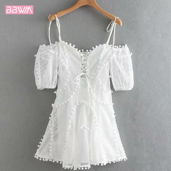 

party party mesh openwork lace female dress boutique summer women's new sweet fur ball decoration trim dress white sleeveless, Black;gray