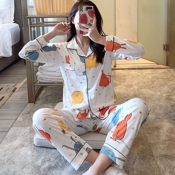

women pajamas set lapel cartoon fruit print shirt + trousers long-sleeved cardigan fashion pajamas set, Black;red