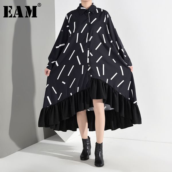 

eam] women pattern asymmetrical big size long dress new lapel long sleeve loose fit fashion tide spring autumn 2019 ji0420, Black;gray