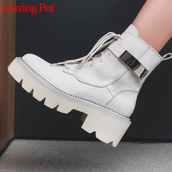 

krazing pot genuine leather thick bottom lace up med heels metal fasteners ankle boots plus size motorcycle boots l72, Black