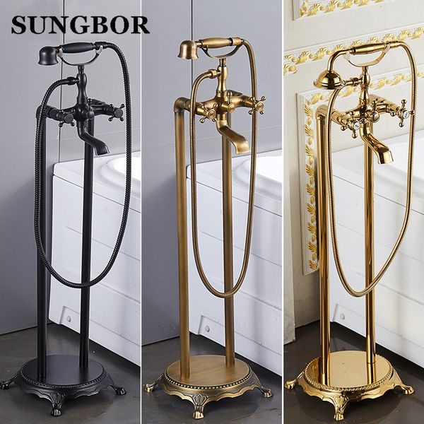 

bathroom floor stand bathtub faucet oil brushed black bath stand along tap luxury standing bronze brass mixer ld-8118k