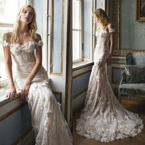 

lian rokman 2019 mermaid wedding dresses off shoulder lace appliques bridal gowns vintage sweep train wedding dress vestidos de novia, White