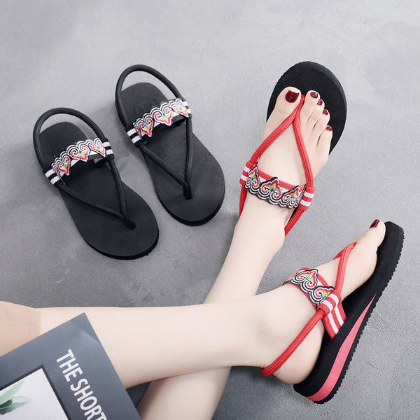 

new cool sandals flip-flops thick bottom outside summer fashion wear flat red beach shoes, Black