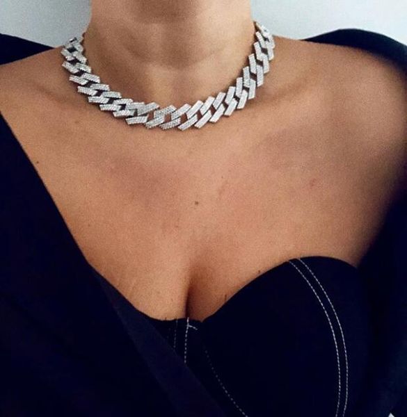 

15mm white&pink 5a cubic zirconia iced out bling cz miami cuban chain two-tone prong link choker necklace women mens jewelry, Golden;silver