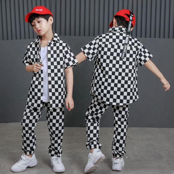 

two piece boys plaid set fashionable clothes for teenager boys children shirt and pant suits outfits, White
