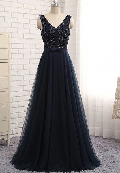 

new high-end heavy manual evening dress handmade beaded pearl navy lace yarn shoulder v collar backless prom party dresses, Black;red