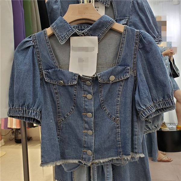 

2020 summer new hollow short-sleeved midriff outfit blue denim women casual slim jean blouse female shirt students blouses, White