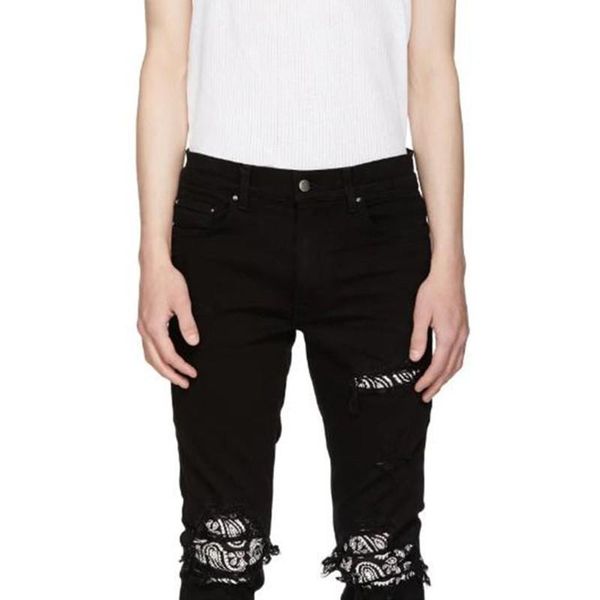 

18fw am1r1 cashew flowers hole black jean pants sweatpants luxury street hip hop pants young casual denim trousers hflskz106