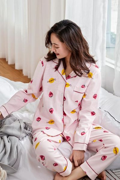 

spring pajama set women strawberry stripe print two pieces set brand pyjama sleepwear cotton pijama, Blue;gray